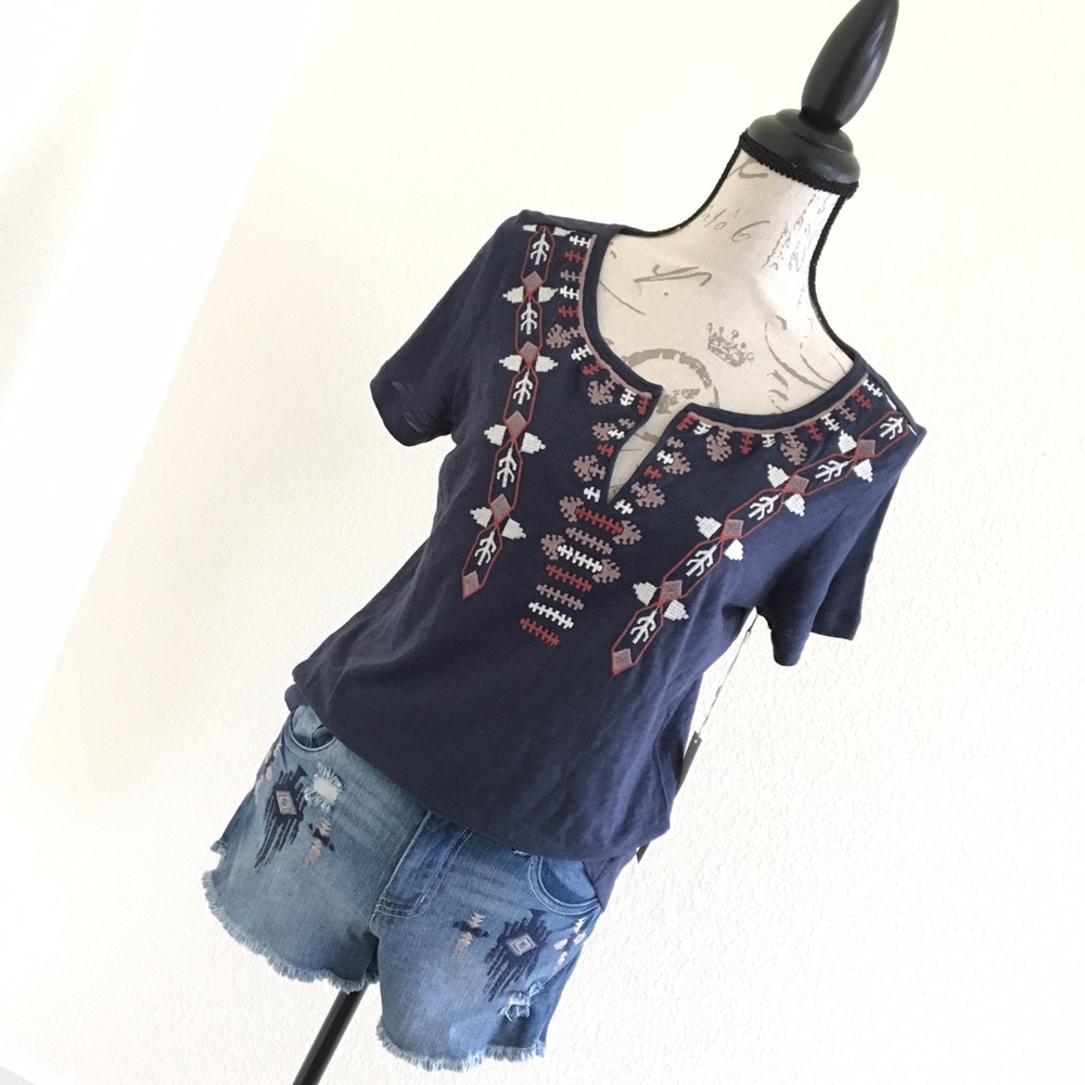 Caslon Navy Indigo Spring Embroidered Top
